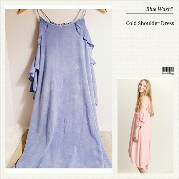 Ruffled Cold Shoulder Dress in "Washed Blue" - Picture 3 of 4